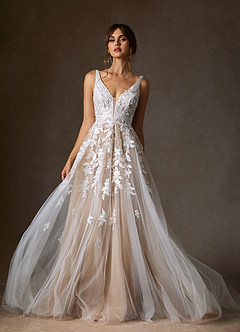 Azazie Sorella Hochzeitskleider A-Linie V-Hals Pailletten Tüll Kleid Diamantweiß Nude image1
