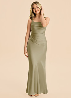 Azazie Agustina Junior Moss Green Sheath Pleated Stretch Satin Dress image3
