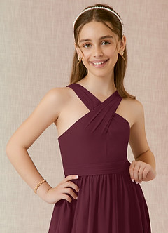 Azazie Jiya Junior Abito A-Line in Chiffon Plissettato Cabernet image4