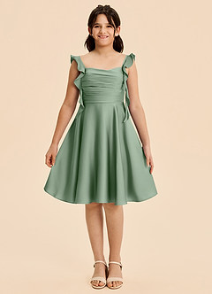 Azazie Kira Junior Matcha A-Line Ruched Stretch Satin Dress image1