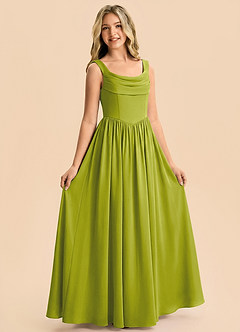 Azazie Novi Junior Lemongrass A-Line Pleated Stretch Satin Dress image4