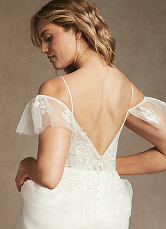 Azazie Iva Wedding Dresses Diamond White Champagne A-Line V-Neck Sequins Tulle Dress image6