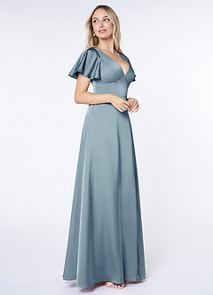Azazie Lani Bridesmaid Dresses Dusty Blue A-Line Flounce Sleeve Stretch Satin Dress image4
