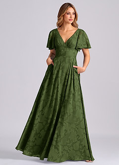 Azazie Kimber Bridesmaid Dresses Olive A-Line with Pockets Floral Burnout Dress image7