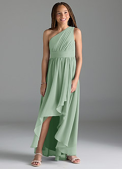 Azazie Mathilda Junior Agave A-Line Pleated Chiffon Dress image4