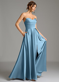 Azazie Ayla Abiti da Damigella Abito A-Line in Raso Elasticizzato Corsetto Blu Acciaio image6