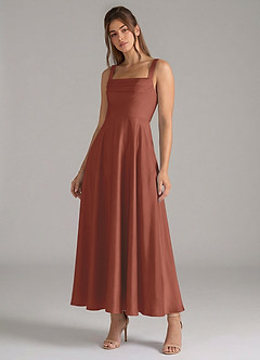 Azazie Shaude Bridesmaid Dresses Auburn A-Line Pleated Stretch Satin Dress image4