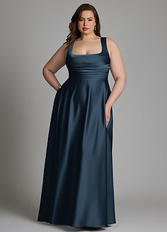 Azazie Azaria Vestidos de madrinha de casamento Vestido Azul Marinho de Cetim elástico de Linha A com Corpete image7
