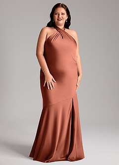 Azazie Lorena Robes de demoiselle d'honneur Robe Sirène en Satin extensible Plissée Argile image9