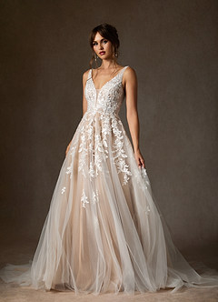 Azazie Sorella Hochzeitskleider A-Linie V-Hals Pailletten Tüll Kleid Diamantweiß Nude image7