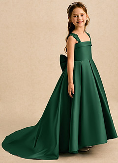 Azazie Genie Robe Demoiselle D'honneur Fillette Robe Princesse en Mat Satiné Épaules dénudées Vert Foncé image1