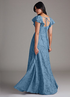 Azazie Bondi Bridesmaid Dresses Steel Blue A-Line Side Slit Floral Burnout Dress image3