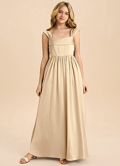 Azazie Hattie Junior Abito A-Line in Raso Elasticizzato Plissettato Champagne image8