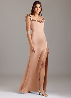 Azazie Callie 신부 들러리 드레스 A라인 셔링 스트레치 새틴 바닥 길이 드레스 image4