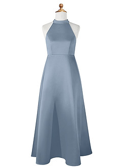 Azazie Laurel Vestido de Azul Polvoriento de Satin Mate de Acampanado image6