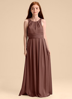 Azazie Bibiane Junior Espresso A-Line Pleated Stretch Satin Dress image3