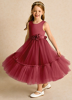 Azazie Miracle Flower Girl Dresses Pomegranate A-Line Bow Matte Satin Dress image4