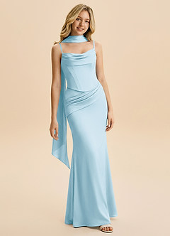 Azazie Sorrel Junior Sky Blue Mermaid Ruched Stretch Satin Dress image1