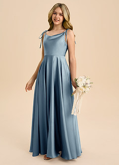 Azazie Popsy Junior Abito A-Line in Raso Elasticizzato Fiocco Blu Polveroso image7