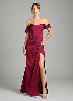 Azazie Johana Bridesmaid Dresses Burgundy Mermaid Off the Shoulder Stretch Satin Convertible Dress image1