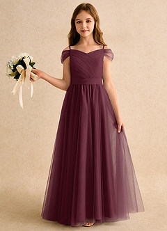 Azazie Yuna Girls Formal Abiti da Ragazza di Fiori Abito A-Line in Tulle Spalle Scoperte Cabernet image3
