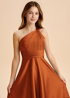 Azazie Charlize Junior Cinnamon A-Line Pleated Stretch Satin Dress image6