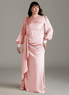 Azazie Raye Bridesmaid Dresses Blushing Pink Mermaid Long Sleeve Stretch Satin Dress image7