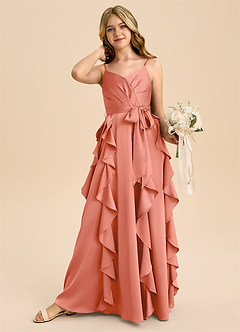 Azazie Peyton Junior Robe Trapèze en Satin extensible Plissée Rose Saumon image2