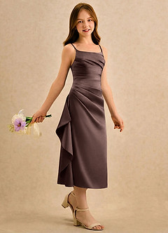 Azazie Canna Girls Formal Robe Demoiselle D'honneur Fillette Robe Trapèze en Satin extensible Plissée Ganache image3