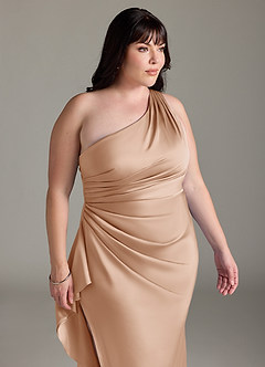 Azazie Latrice Brautjungfernkleider Etui Kaskadierende Rüschen an einer Schulter Stretch-Satin Kleid Englisches Rosa image11