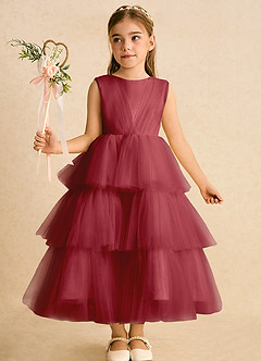Azazie Marshmallow Flower Girl Dresses Pomegranate Ball-Gown Bow Tulle Dress image6