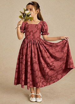 Azazie Joss vestidos de niña de las flores Vestido Terracota de Devorado Floral de Línea A con con mangas image1
