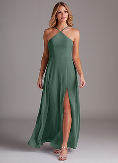 Azazie Bailey Bridesmaid Dresses Sea Moss A-Line Halter Side Slit Chiffon Dress image4