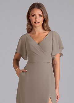 Azazie Ambrosia Bridesmaid Dresses Taupe A-Line Pleated Chiffon Dress image2