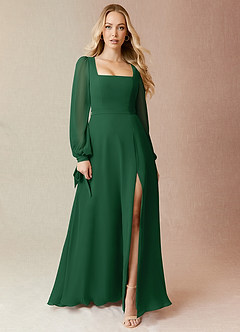 Azazie Leonia Bridesmaid Dresses Dark Green A-Line Long Sleeve Chiffon Dress image3