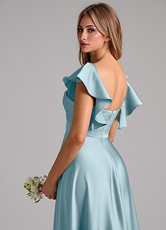 Azazie Leilani Vestidos de damas de honor Vestido de Azul Malhumorado de Satén Elástico de Corte en A con Volante image9