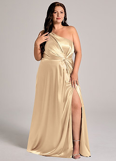 Azazie Brooke Bridesmaid Dresses Gold A-Line One Shoulder Metallic Satin Dress image12