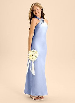 Azazie Doretta Junior Ice A-Line Pleated Stretch Satin Dress image7