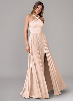 Azazie Afra Robes de demoiselle d'honneur Robe Trapèze en Satin extensible Plissée Rose Pâle image1
