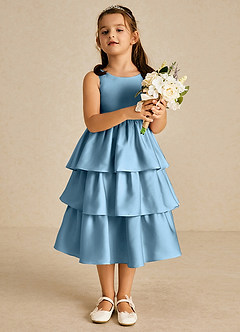 Azazie Margery vestidos de niña de las flores Vestido de Azul Acero de Satén Elástico de Corte En A con Lazo image2