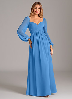 Azazie Bailee Vestidos de damas de honor Vestido de Azul Grisaceo de Gasa de Corte en A con Manga larga image5