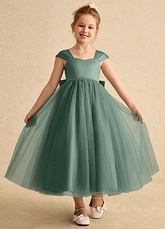 Azazie Chickadee vestidos de niña de las flores Vestido de Eucalipto de Satin Mate de Princesa con Escote de Corazón image4