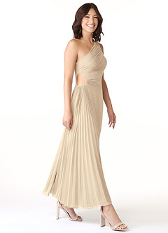 Azazie Kirra Bridesmaid Dresses Champagne A-Line One Shoulder Chiffon Dress image3