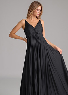 Azazie Raychelle At-home Try On Dresses Black A-Line Pleated Stretch Satin Dress image7