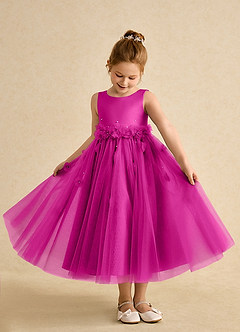 Azazie Lux Flower Girl Dresses Fuchsia A-Line Beaded Tulle Dress image3
