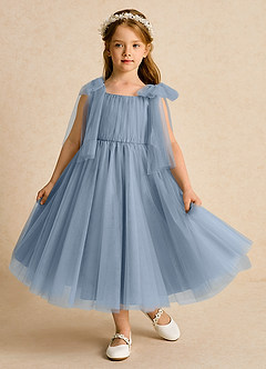 Azazie Dori Robe Demoiselle D'honneur Fillette Robe Trapèze en Tulle Rayé Bleu Poussiéreux image2