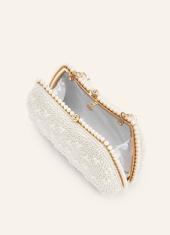 front Matching Color Matte Satin Pearl and Bow Pointed Toe Block Heels & Beaded Clutch Set