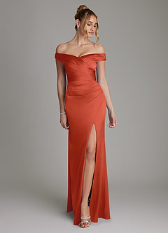 Azazie Teyana Brautjungfernkleider Etui Schulterfrei Stretch-Satin Kleid Rost image1