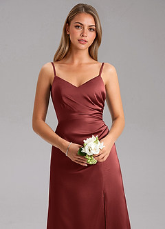 Azazie Azuree Bridesmaid Dresses Terracotta A-Line Pleated Stretch Satin Dress image8