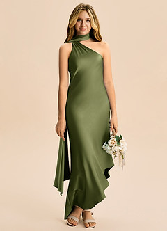 Azazie Briony Junior Etui Plissee Stretch-Satin Kleid Olivgrün image5